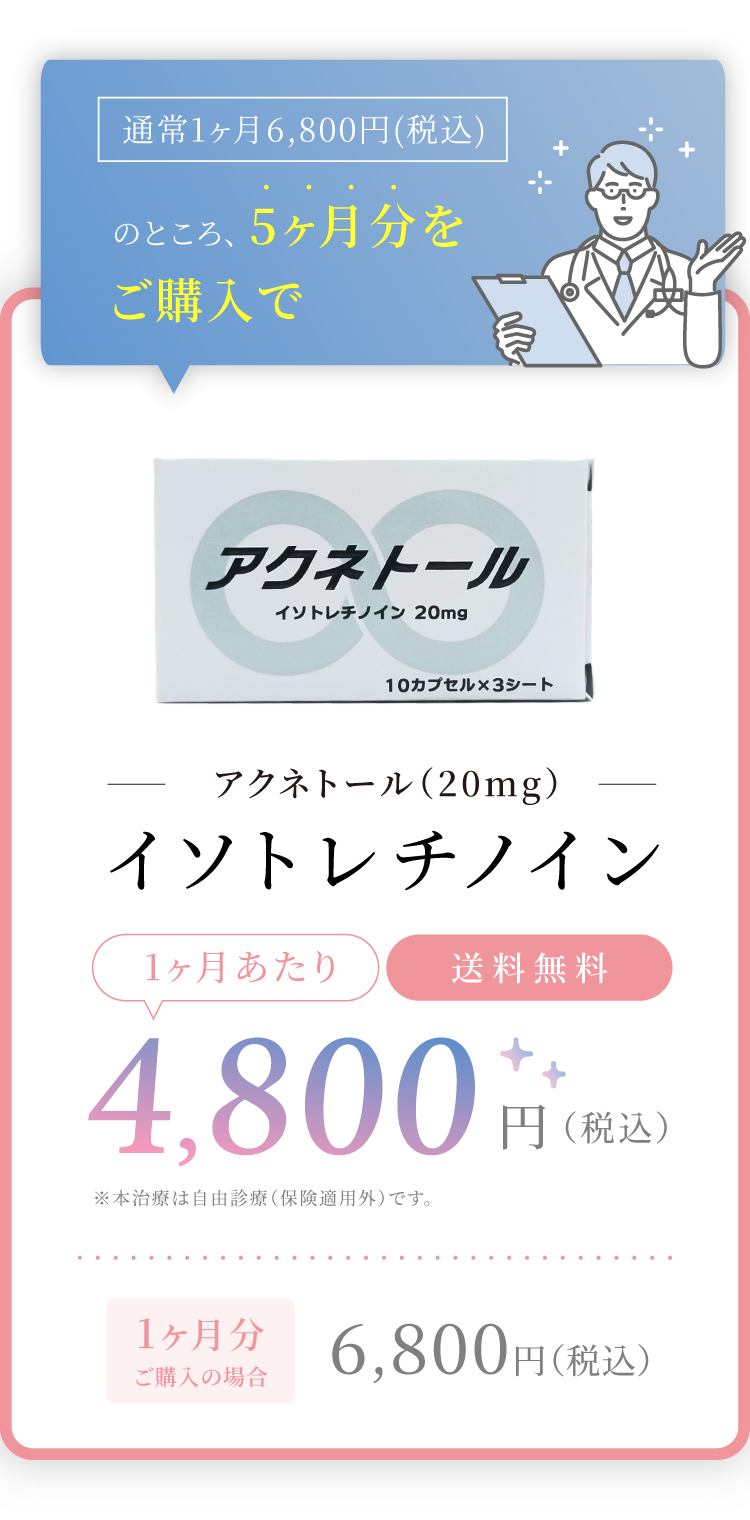 イソトレチノイン（アクネトール）（20mg）通常1ヶ月6,800円（税込）のところ、5ヶ月分をご購入で 4,800円（税込）